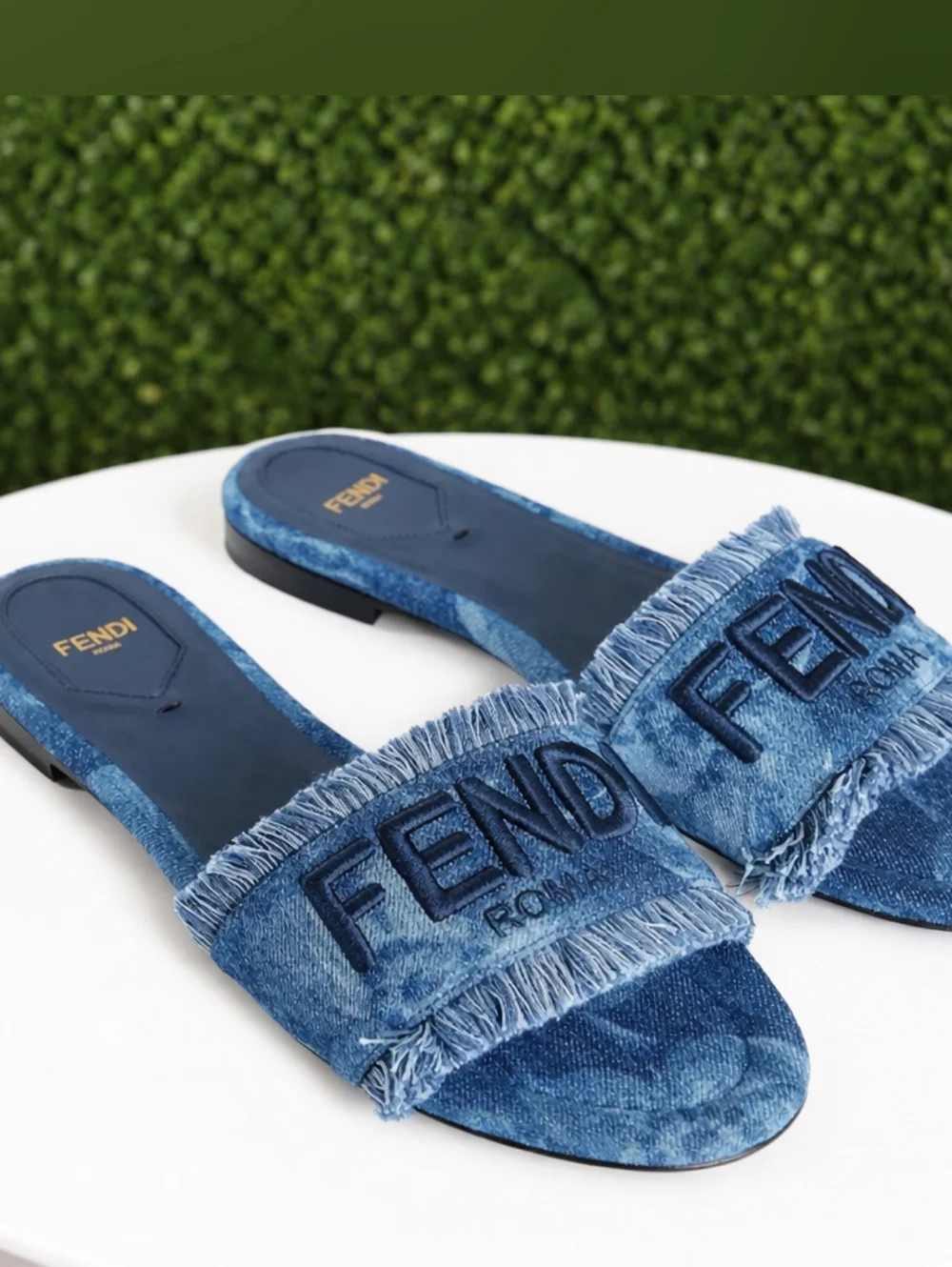 📣SOLD OUT! Fendi Blue Denim Fringe Logo Slide Mules - Picture 1 of 3